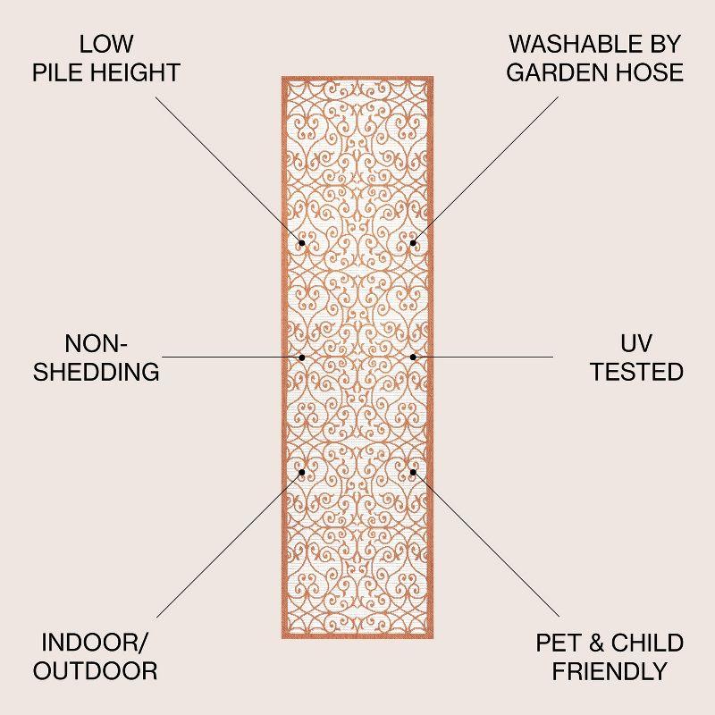 2' x 10' Madrid Vintage Filigree Textured Weave Indoor/Outdoor Runner Rug, Cream/Orange - JONATHAN Y