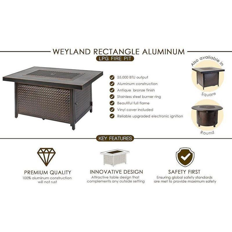 Fire Sense 48” Weyland Hammered Aluminum Gas Fire Pit 55,000 BTU Multi-Functional - Protective Cover and Clear Fire Glass - Rectangle - Bronze Finish