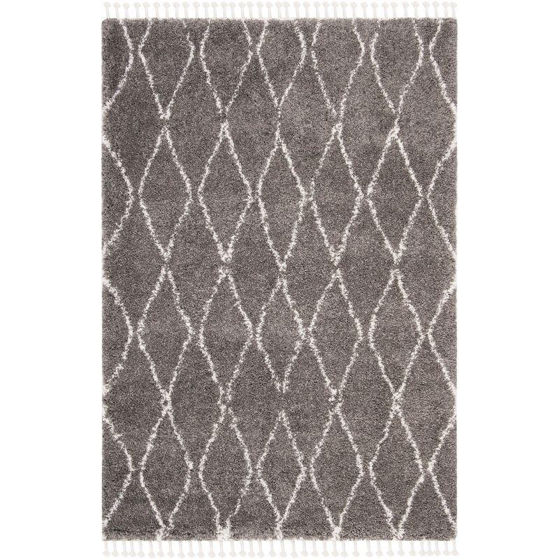 Ivory and Grey Synthetic Shag Area Rug with Fringe, 5'3" x 7'6"