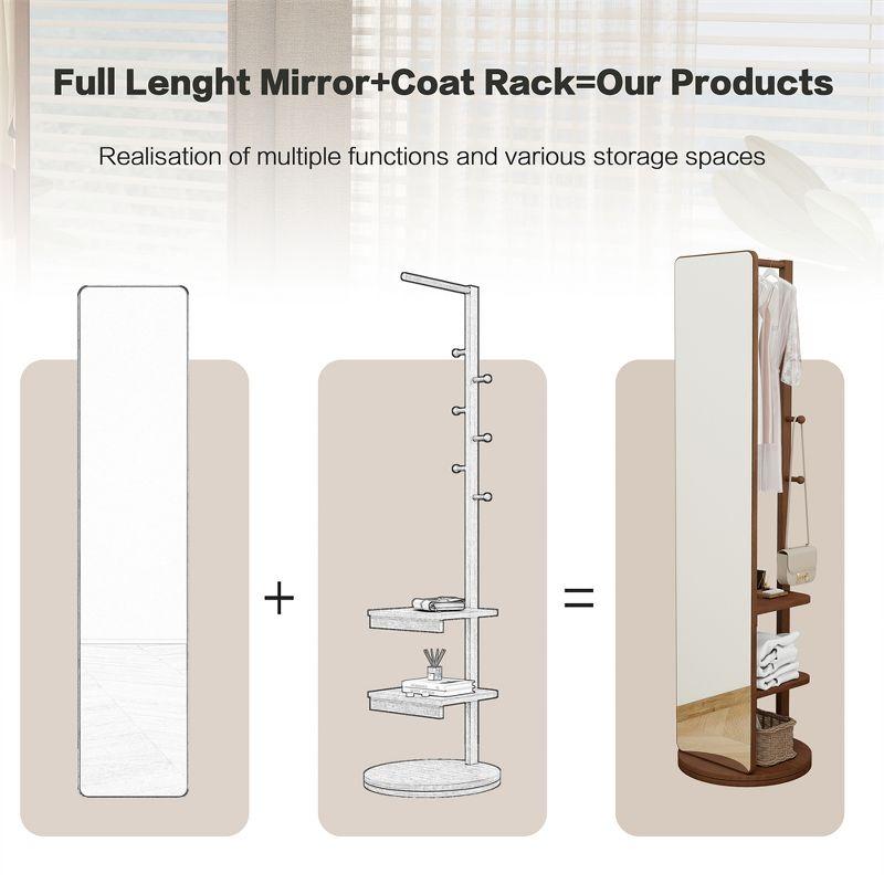 Full Length Mirror with Stand, 360°Swivel Full Body Mirror with Cloak Rack, Modern Standing Mirror for Bedroom Living Room Entryway 65.7" Walnut