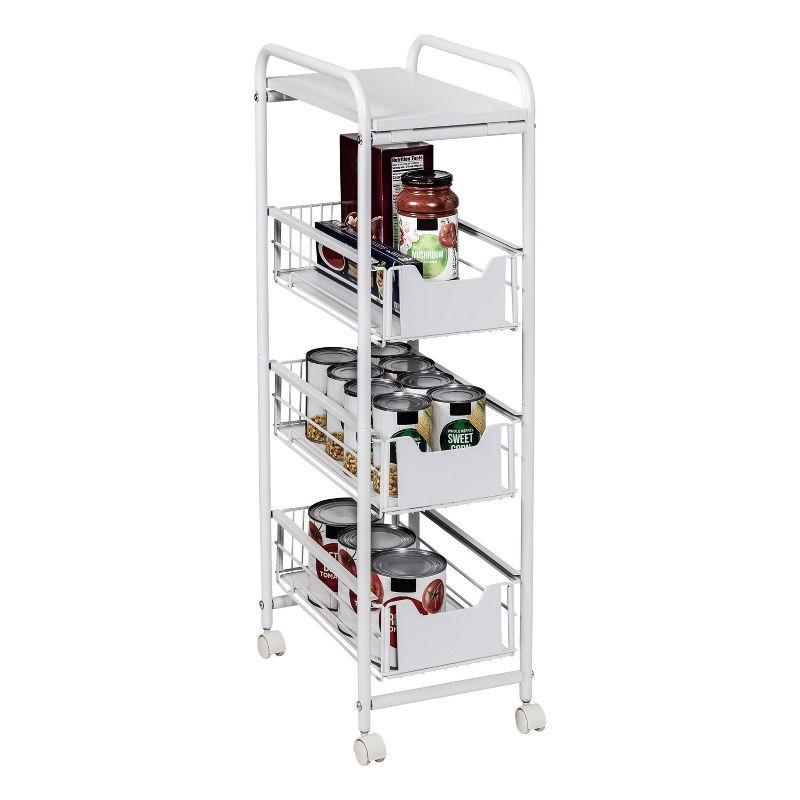 Slim White 4-Tier Rolling Cart with Pull-Out Baskets