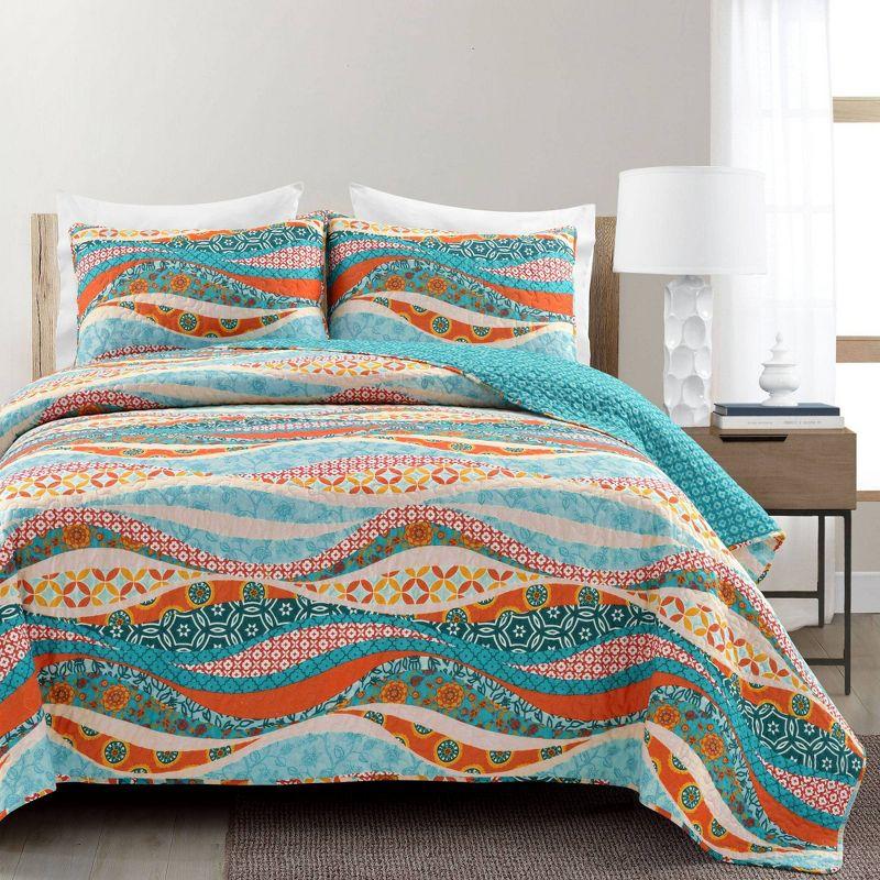 Turquoise and Orange Cotton Reversible Full Quilt Set