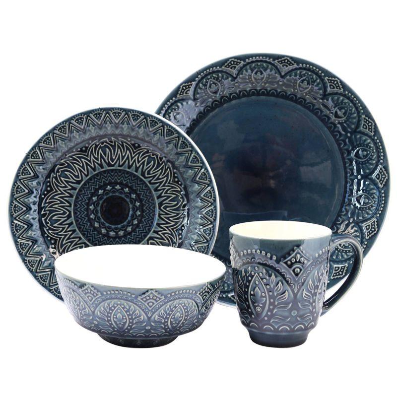 16pc Stoneware Mandala Embossed Dinnerware Set Blue - Elama: Classic Lace Pattern, Service for 4, Microwave & Dishwasher Safe