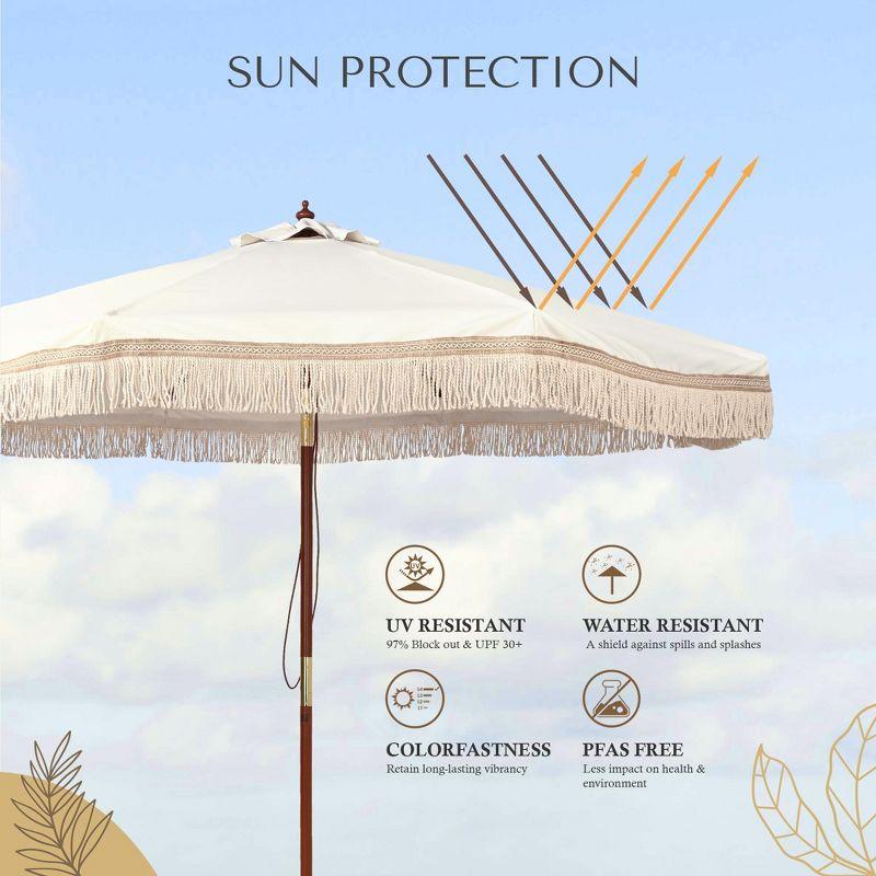 LAGarden BOHO 9' Fringe Patio Umbrella with Tassels UPF50+ Boho Style 5-Year-Non-Fading for Outdoor Yard Market Ivony Xchevron white