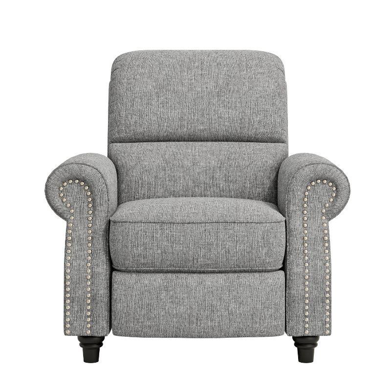 Gray Chenille Bustle-Back Recliner with Nailhead Trim