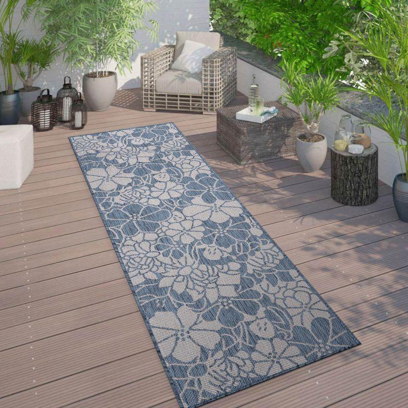 Blue Floral Synthetic Flat Woven Indoor/Outdoor Rug