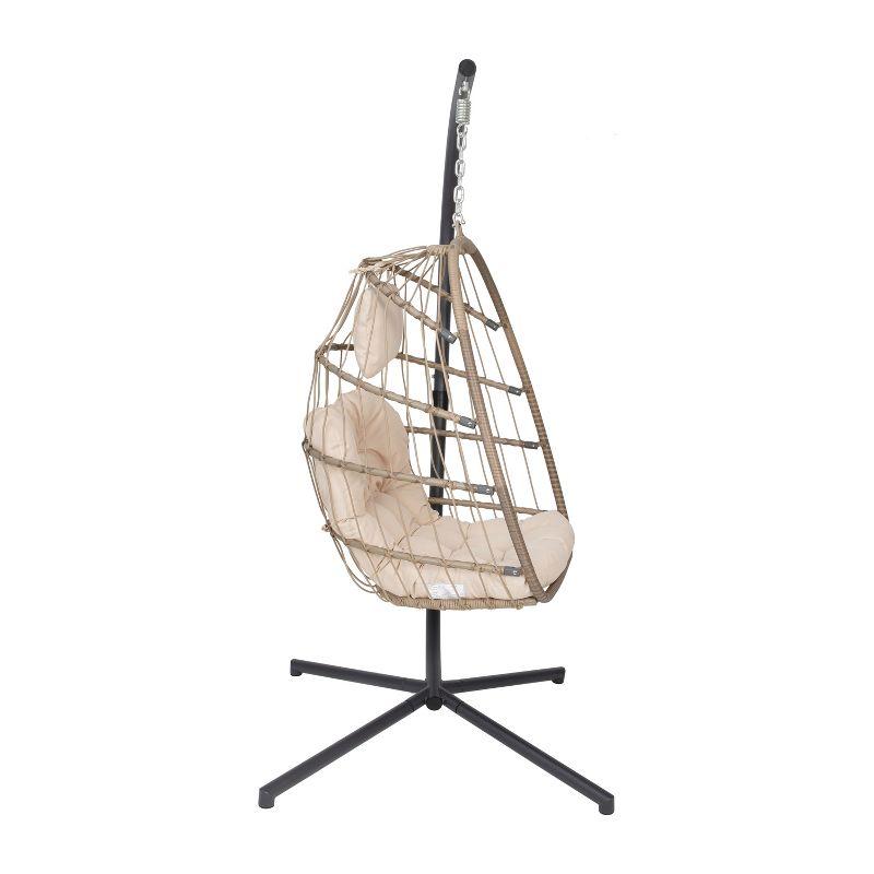 Emma and Oliver Foldable Hanging Egg Chair with Natural Woven Finish, Removable Cream Cushions, and Included Stand for Indoor and Outdoor Use
