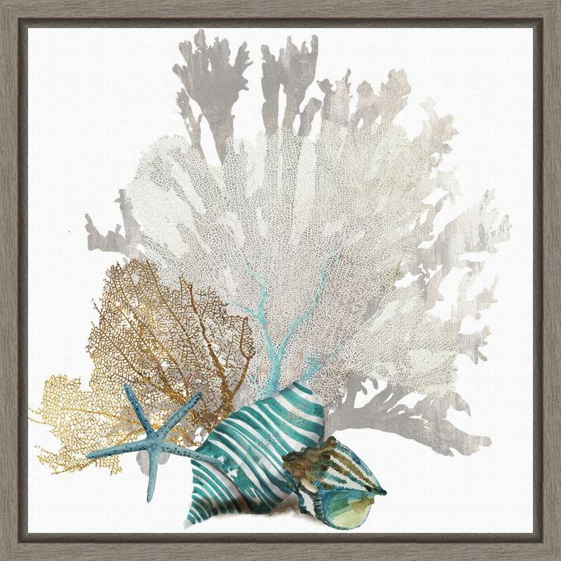 Coastal Coral and Seashells Canvas Art in Gray Frame