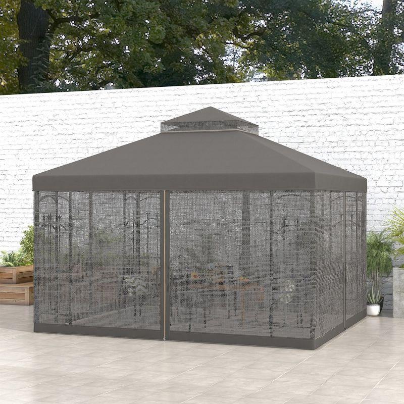 Outsunny Steel Outdoor Patio Gazebo Canopy with Removable Mesh Curtains, Display Shelves, & Steel Frame