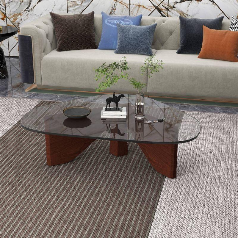 LeisureMod Imperial Collection Triangular Glass Top Coffee Table with Glossy Ash Wood Base for Home, Living Room, Office