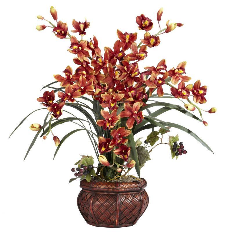 Nearly Natural Cymbidium with Decorative Vase Silk Arrangement, White