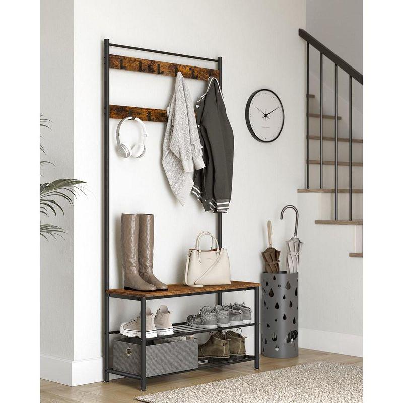 VASAGLE Hall Tree Entryway Coat Rack with Shoe Bench Rustic Walnut and Black