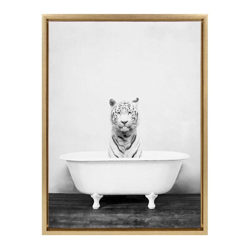 White Tiger in Bathtub Gold Framed Canvas Art