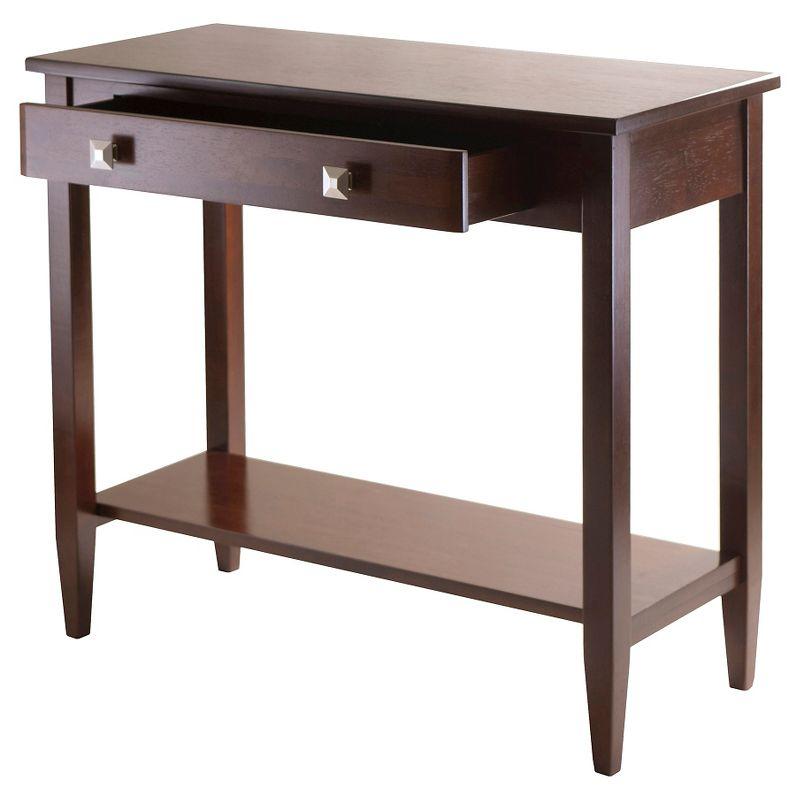 Richmond Console Table with Tapered Leg Walnut Finish - Winsome: Modern Storage, Brushed-Chrome Knobs