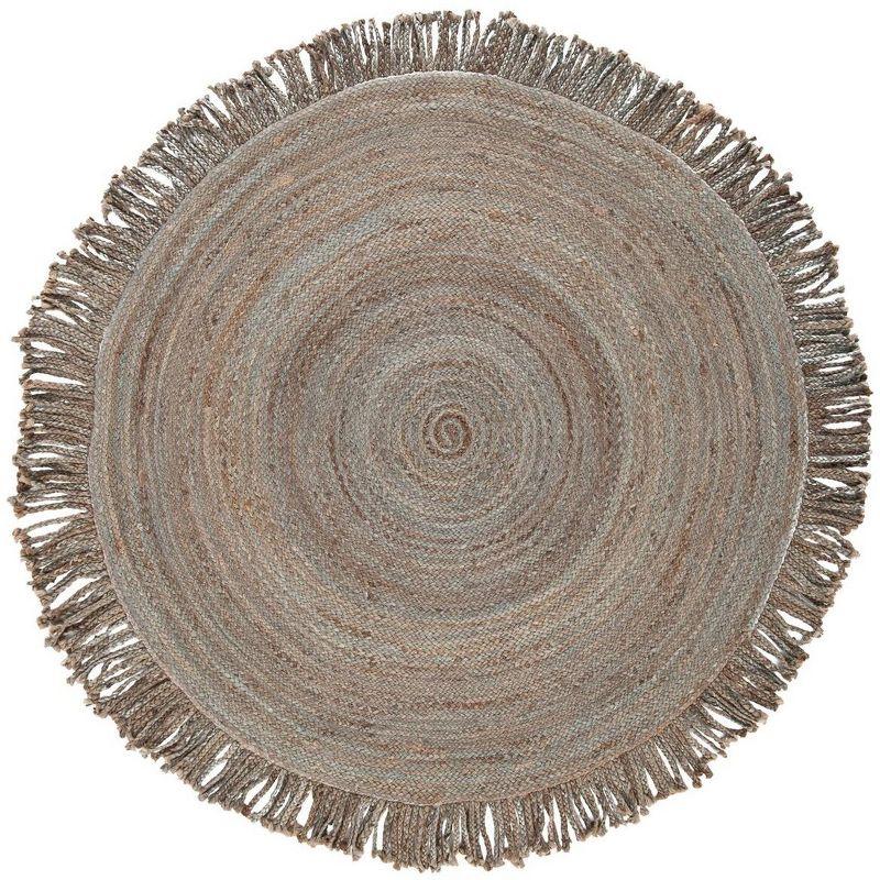 Gray Round Handmade Braided Jute Area Rug with Fringe