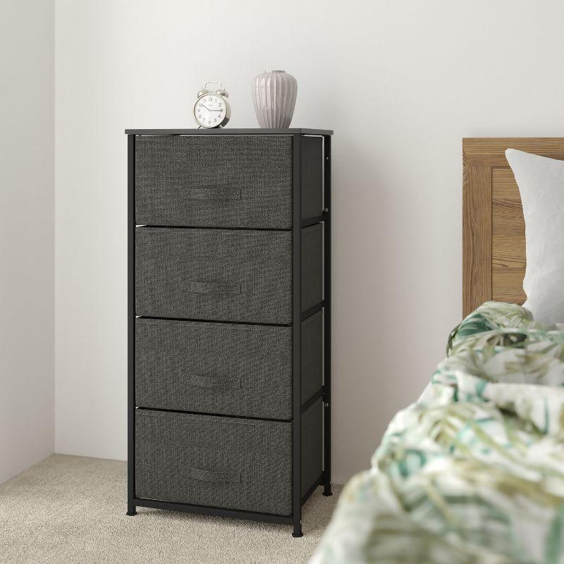 Emma and Oliver 4 Drawer Vertical Storage Dresser with Black Wood Top & Gray Fabric Pull Drawers