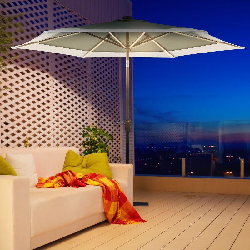 JONATHAN Y Spencer 9 ft. Classic Coastal 2-Tone Solar LED Market Patio Umbrella 12 LED Strip Lights, Auto-Tilt, Crank, UV Protection in Green/White