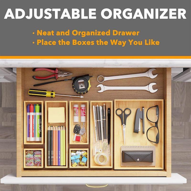 7-Piece Bamboo Drawer Organizer Set – Multi-Use Divider Bins for Kitchen, Bathroom, Office, and Makeup Storage, Natural