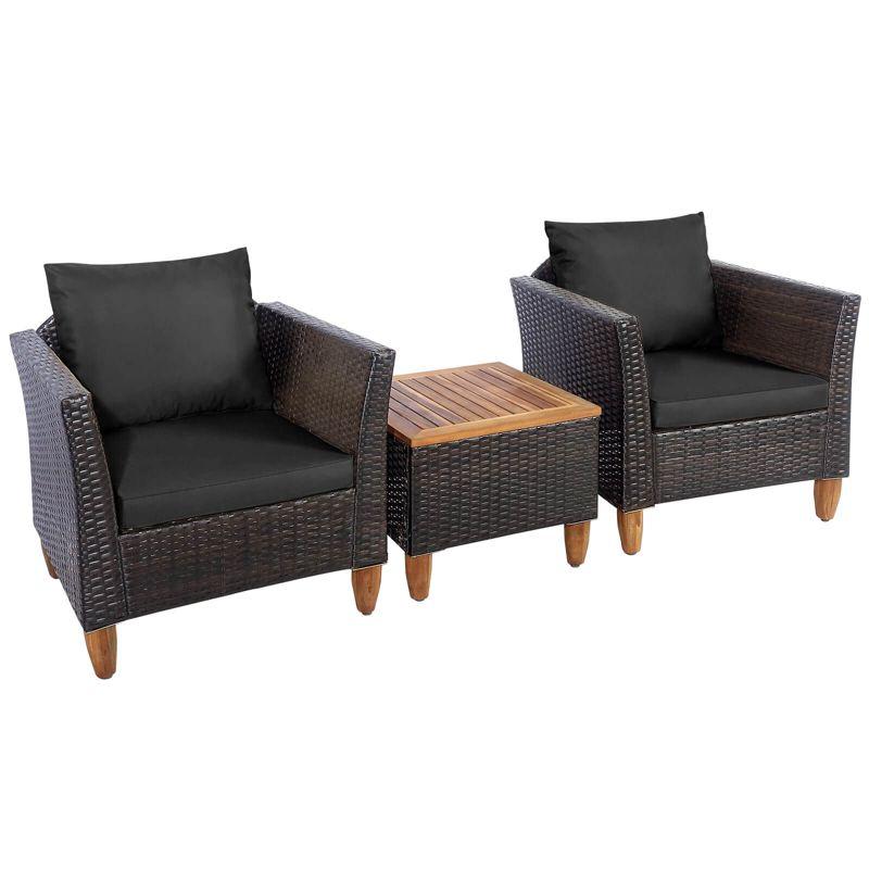 Costway 3PCS Outdoor Patio Rattan Furniture Set Wooden Table Top Cushioned Sofa Black