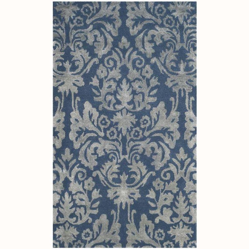 Gray and Navy Hand-Tufted Wool Damask Area Rug 3' x 5'