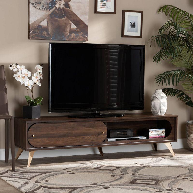 Dena Wood and Gold TV Stand for TVs up to 60" Walnut - Baxton Studio: Entertainment Center with Storage Doors