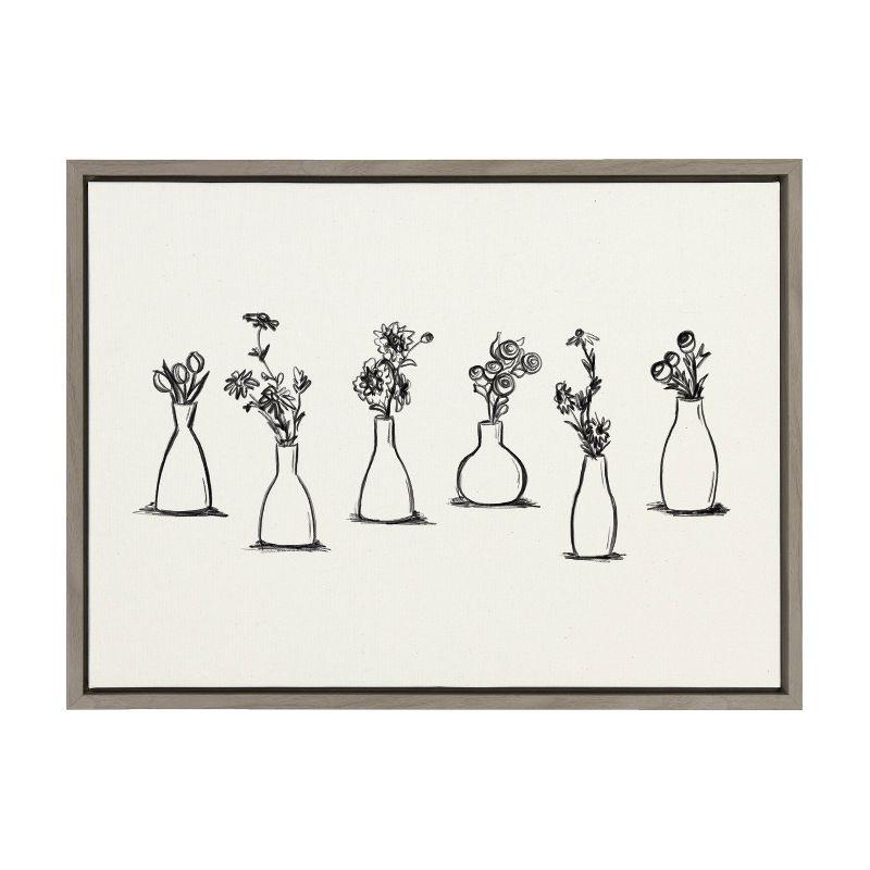 Gray Framed Canvas with Black and White Floral Vases, 26.69 x 21.63 in