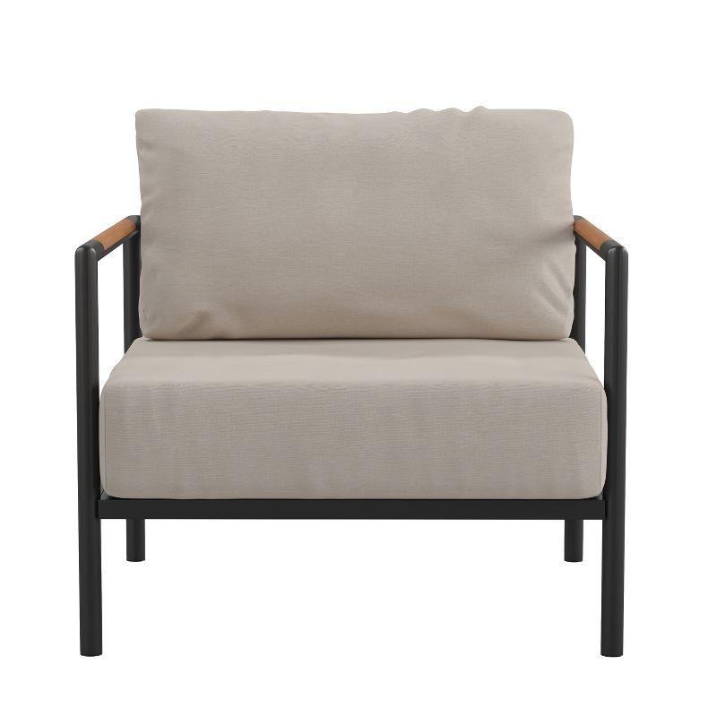 Modern Black Steel Patio Chair with Beige Cushion Accents