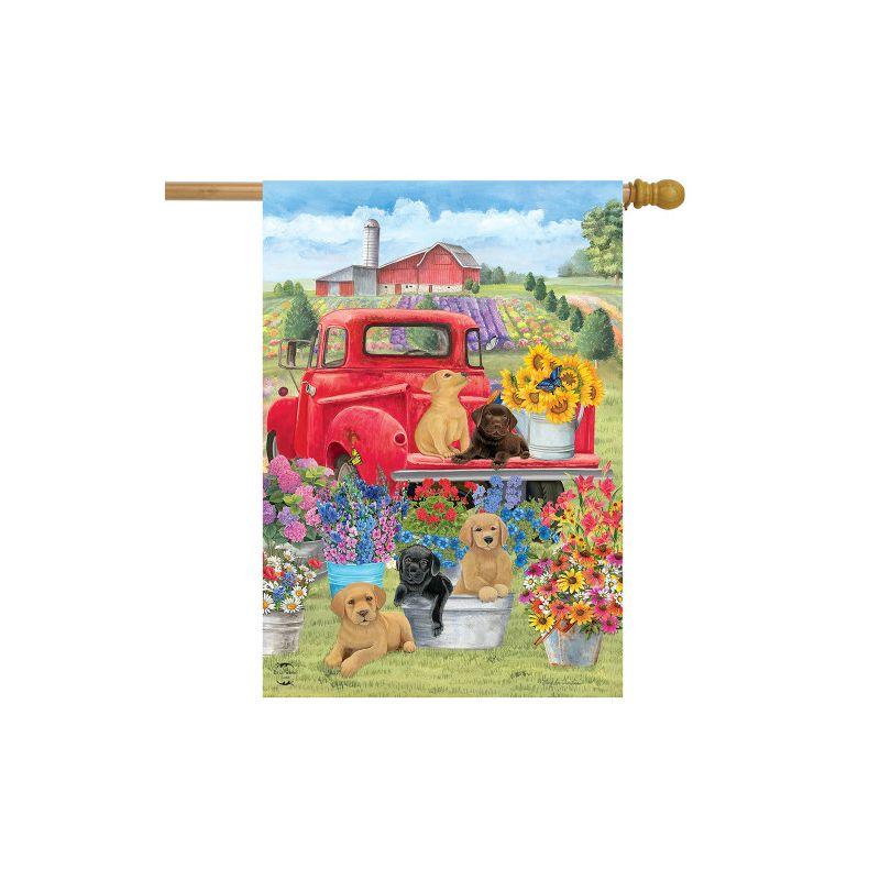 Spring Day Puppies House Flag Red Pickup Truck Floral 28" x 40" Briarwood Lane