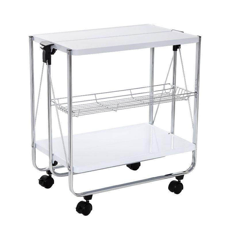 White and Chrome Foldable Kitchen Cart with Storage