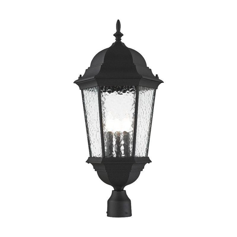 Textured Black 3-Light Outdoor Post Lantern with Clear Water Glass