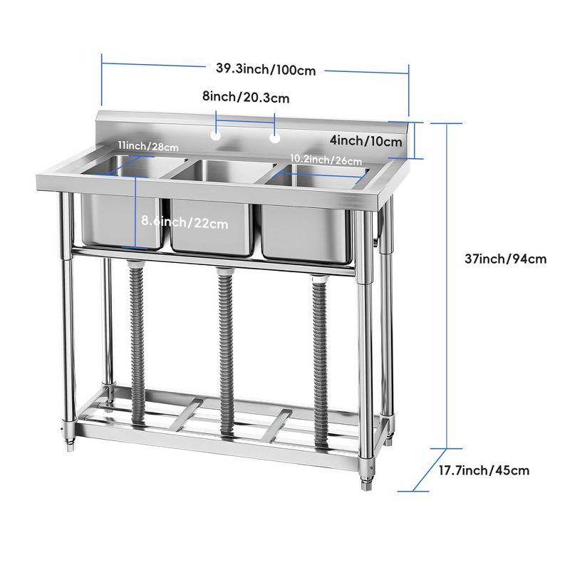Stainless Steel Sink, Commercial Kitchen Prep & Utility Sink Free Standing 3-Compartment with Shelf for Restaurant Laundry Garage Bar Workshop