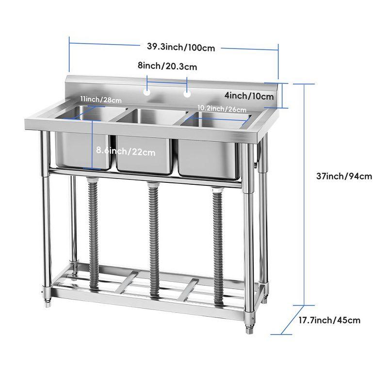 Stainless Steel 3-Compartment Commercial Utility Sink with Shelf