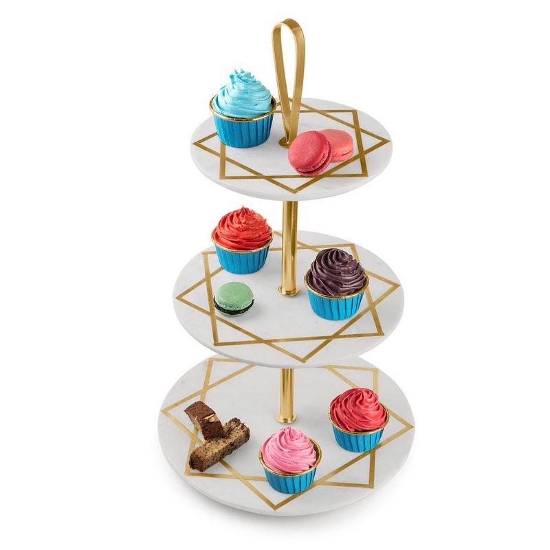 White Marble and Brass Three-Tier Geometric Cake Stand