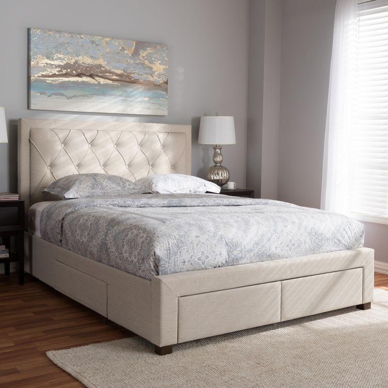 Elegant Light Beige Queen Upholstered Storage Bed with Tufted Headboard