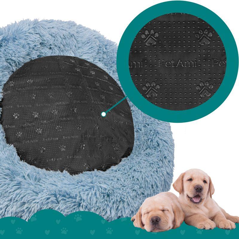 PetAmi Calming Dog Bed for Puppy Cat Kitten, Round Washable Pet Bed, Anti Anxiety Cuddler, Fluffy Plush Circular Donut Bed (Dusty Blue, Small - 23")