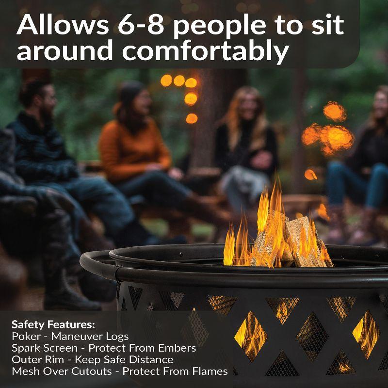 Sunnydaze Outdoor Camping or Backyard Round Crossweave Cut Out Fire Pit with Spark Screen, Log Poker, and Cover - 36"