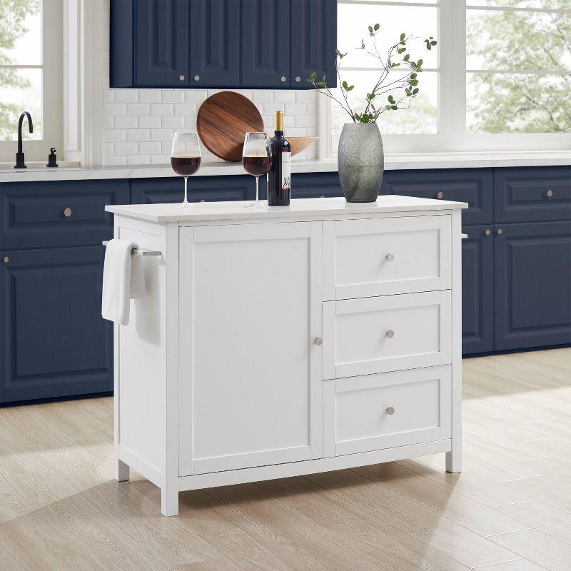 Crosley Soren Stone Top Kitchen Island/Cart White: Rolling Cart with Storage, 2 Shelves, 3 Drawers, Traditional Style