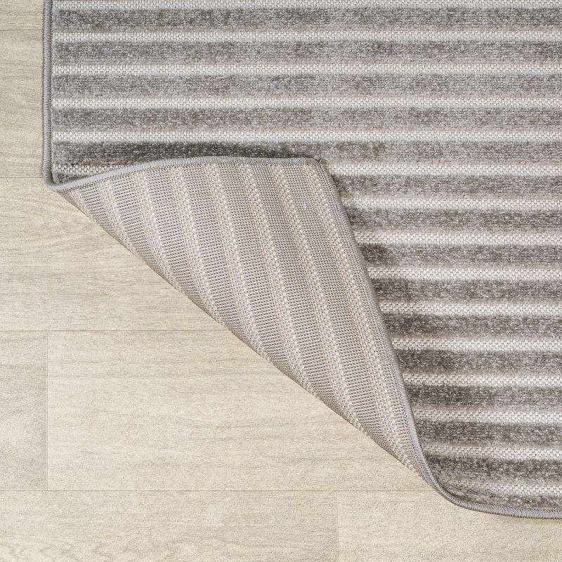 Scandi Minimalist Gray/Ivory Striped Synthetic Runner Rug 2x8