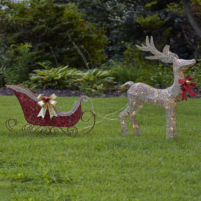 Gold Glitter Reindeer and Red Sleigh Set with LED Lights