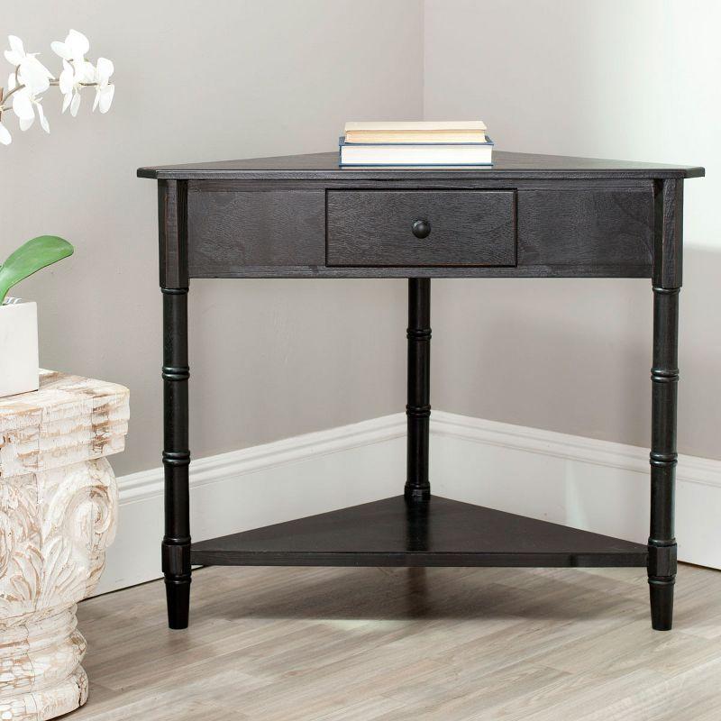 Bamboo-Inspired Triangular Pine Wood Corner Console with Drawer - Black