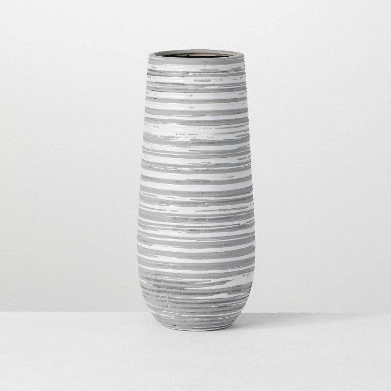 Gray and White Striped Ceramic Decorative Vase 12"