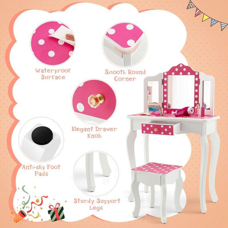 Costway Kid Vanity Set Wooden Makeup Table Stool Tri-Folding Mirror Polka Dot Print Pink