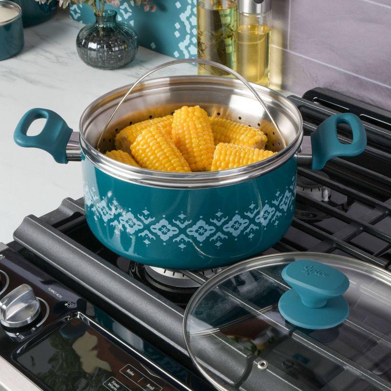 Spice By Tia Mowry Savory Saffron Nonstick Ceramic Dutch Oven With Stainless Steel Steamer, 5-Quart, Charcoal, Enamel Exterior, Stay-Cool Handles