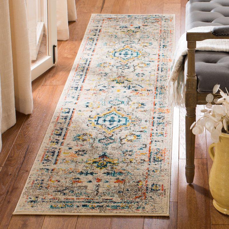 Elegant Cream & Blue Distressed Medallion 2'2" x 16' Runner Rug