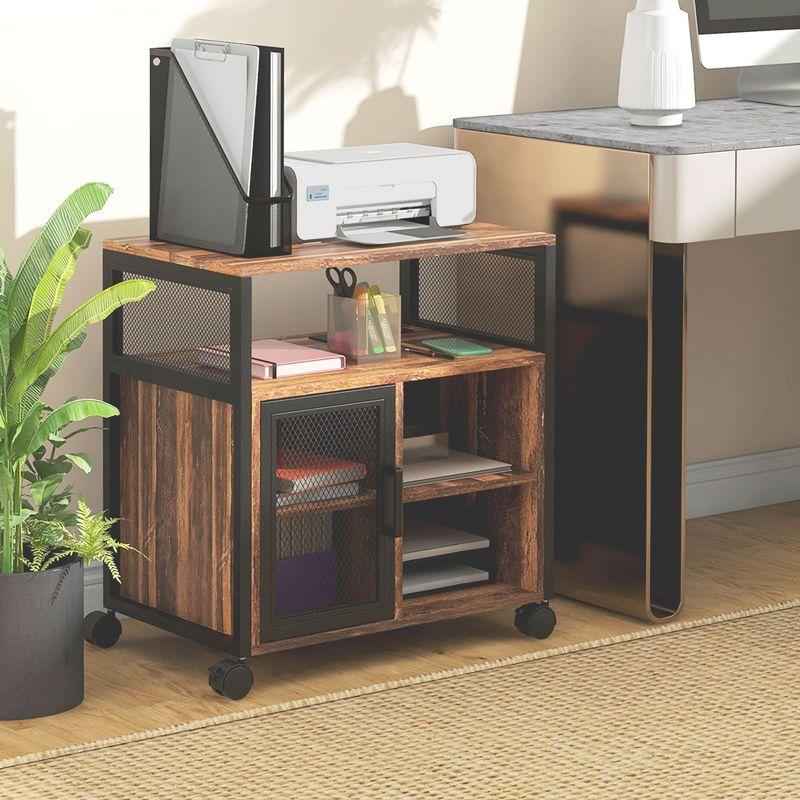 Vinsetto Printer Table with Socket and USB Charging Ports, Mobile Printer Stand with Storage Cabinet, Wheels, Adjustable Shelf, Rustic Brown