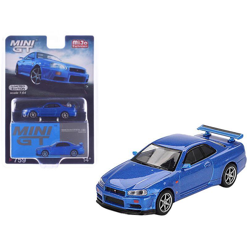 Nissan Skyline GT-R (R34) V-Spec RHD (Right Hand Drive) Bayside Blue Metallic Limited Edition 1/64 Diecast Model Car by Mini GT