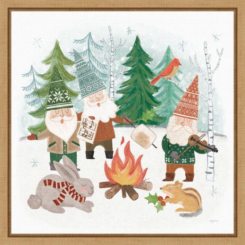 Woodland Gnomes Holiday Canvas Print with Natural Frame