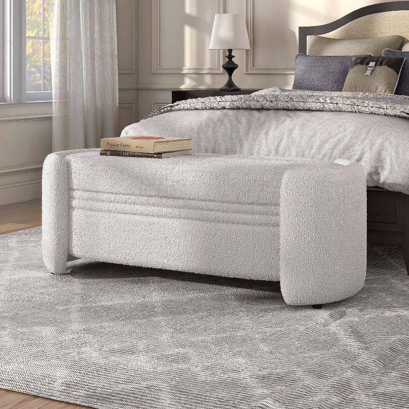 White Boucle Upholstered Storage Bench with Wood Frame