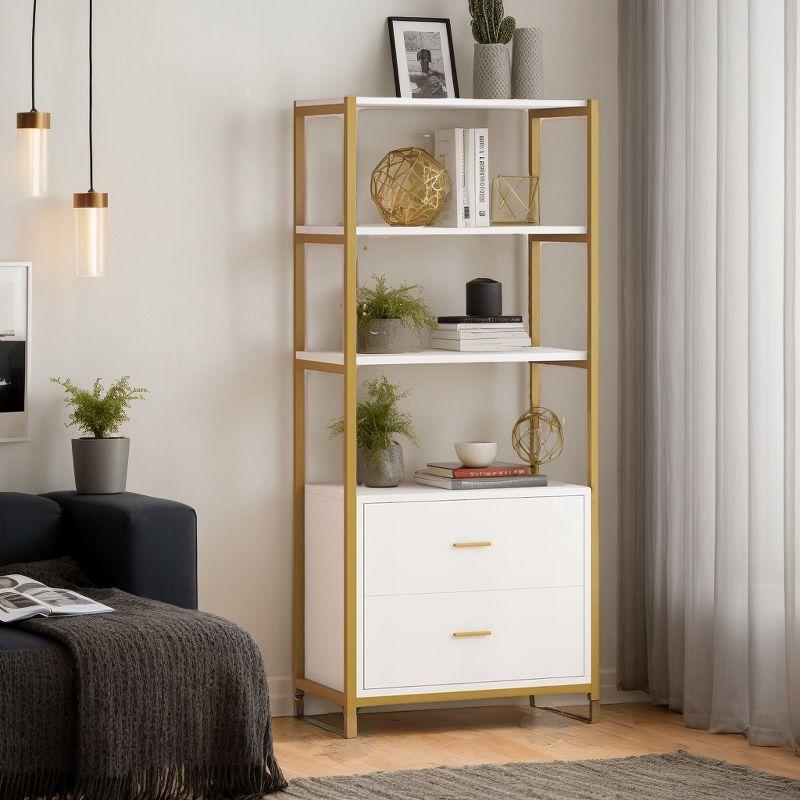 Tribesigns 4-Tier Bookshelf with 2 Drawers White/Gold