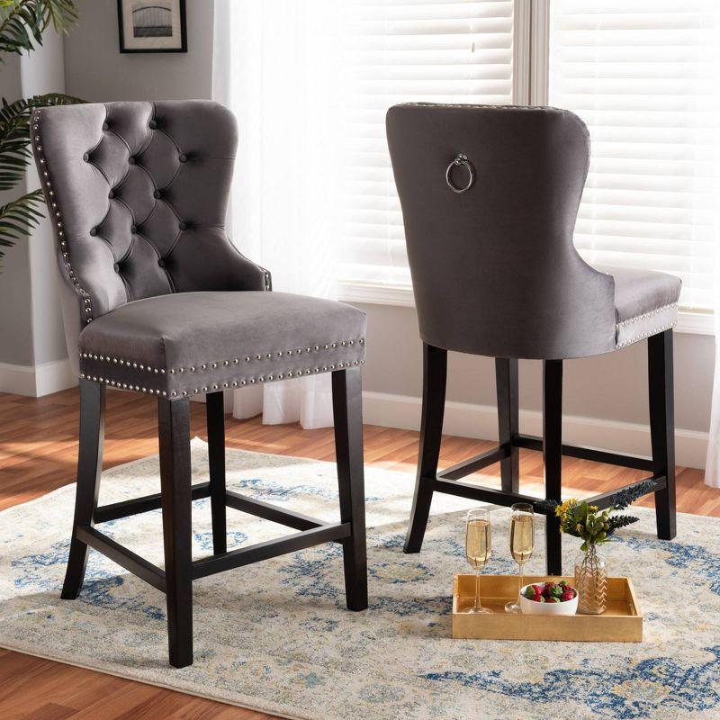 2pc Howell Modern Velvet Upholstered Wood Counter Height Barstool Set Gray/Brown - Baxton Studio: Polyester, Fixed Height
